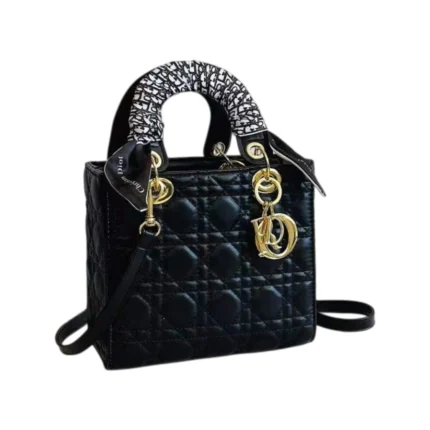 Christian Dior Lady Dior Medium Handbag Black Gold Hardware [Gift scarf]